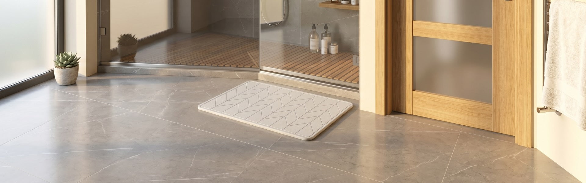 Diatomite Bath Mat with a tile pattern in a modern bright bathroom 