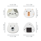 Four animal print coasters with measurements on a white background