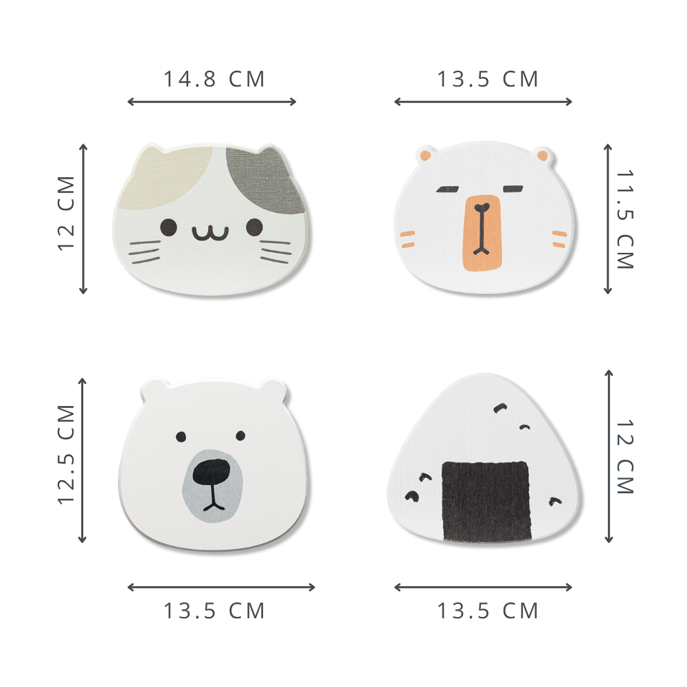 Four animal print coasters with measurements on a white background