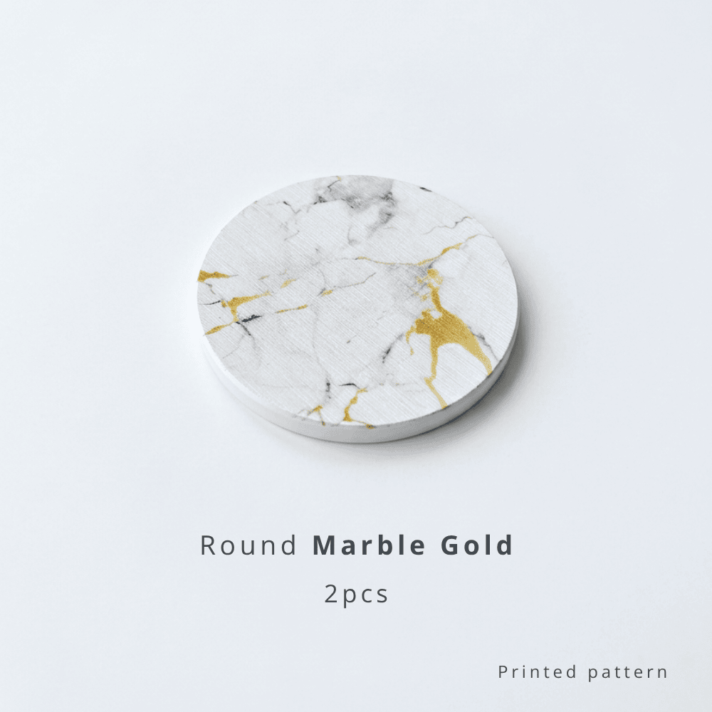 Round marble-patterned coaster with gold accents on a white background with text 'Round Marble Gold 2pcs'
