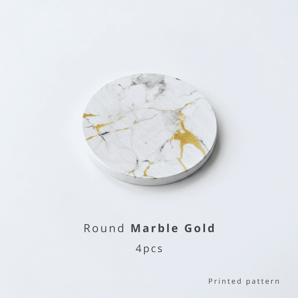 Round marble-patterned coaster with gold accents on a white background with text 'Round Marble Gold 4pcs'