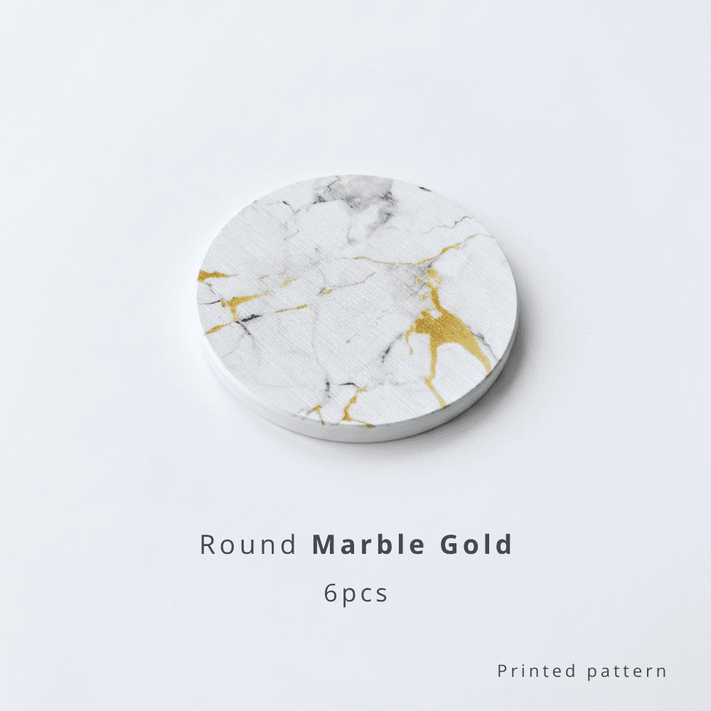 Round marble-patterned coaster with gold accents on a white background with text 'Round Marble Gold 6pcs'