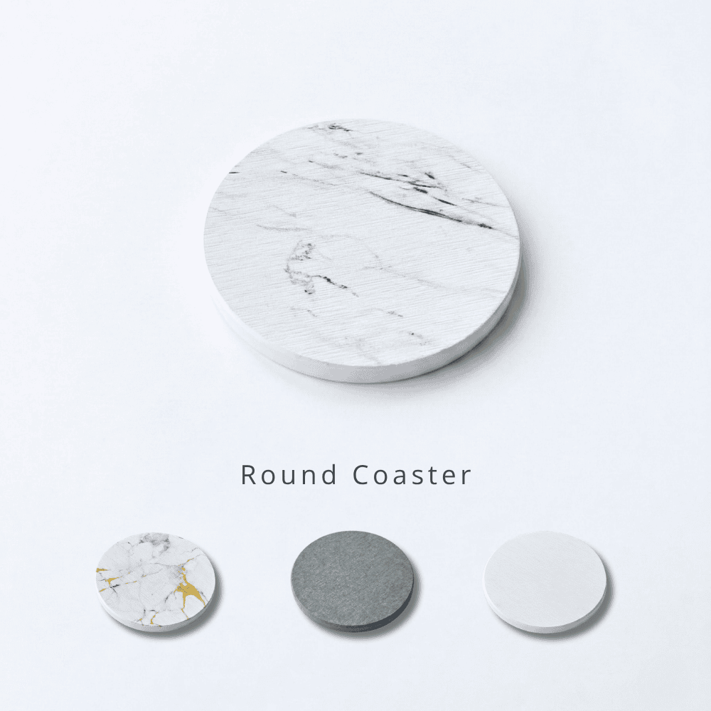 Round marble coaster on a white background with colour swatches below.