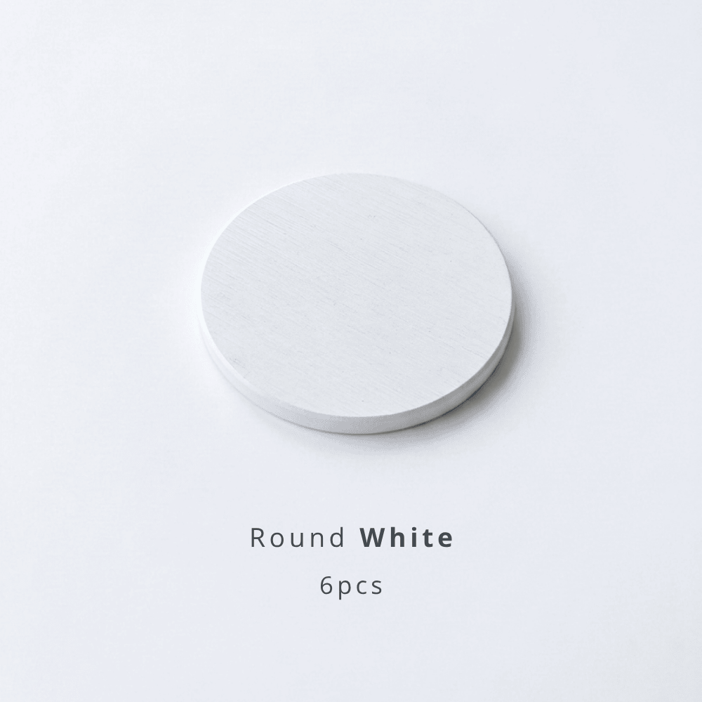 Round white coaster on a white background with text 'Round White 6pcs'.