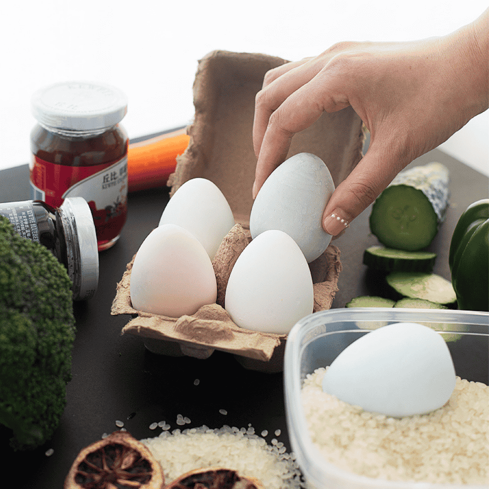 Diatomite Dehumidifying Eggs in a carton and in a container filled with rice