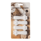 Packaging of four white paw-shaped Diatomite Drying Blocks on White background