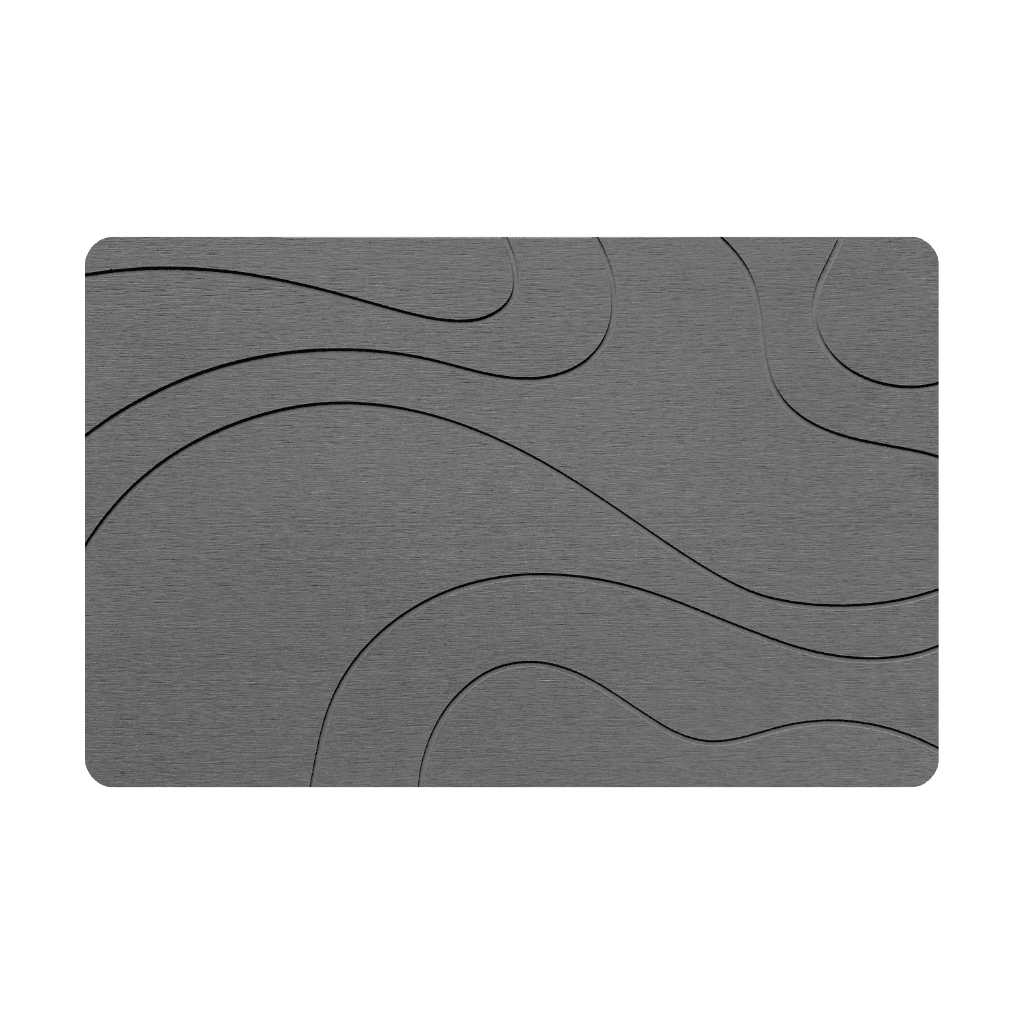 Dark Grey diatomite bath mat with line-patterned engraving on white background