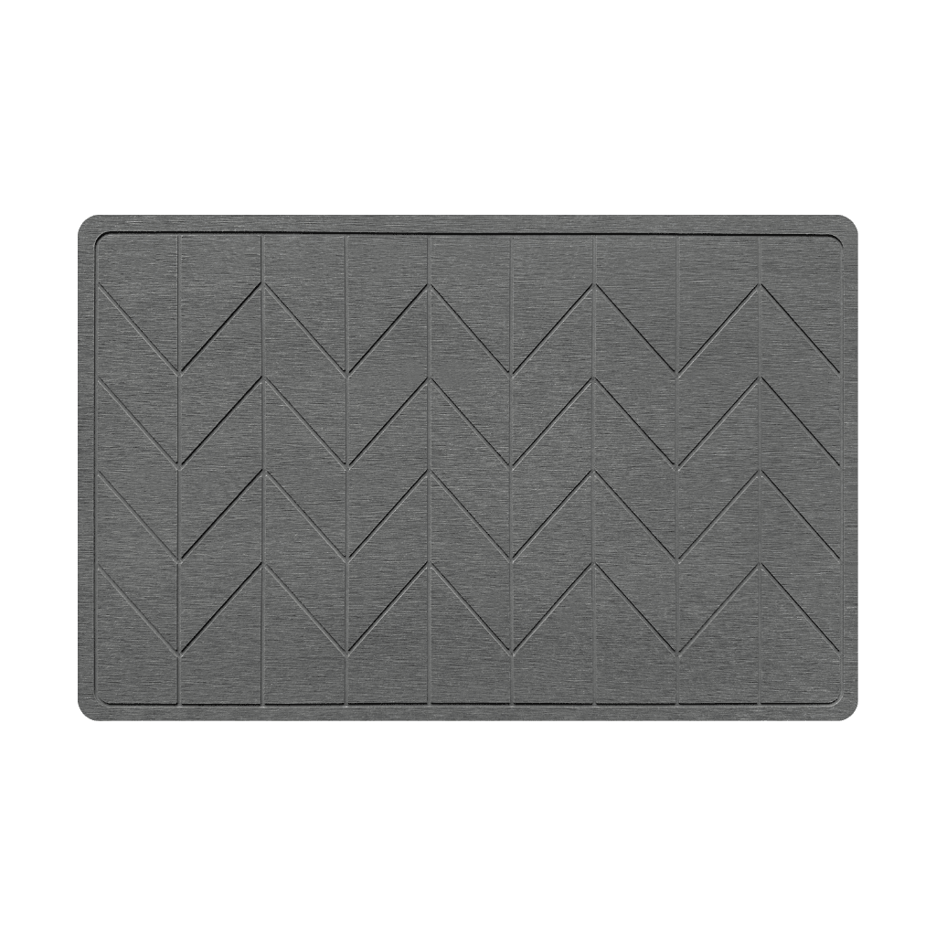 Dark Grey diatomite bath mat with a tile-patterned engraving on White background