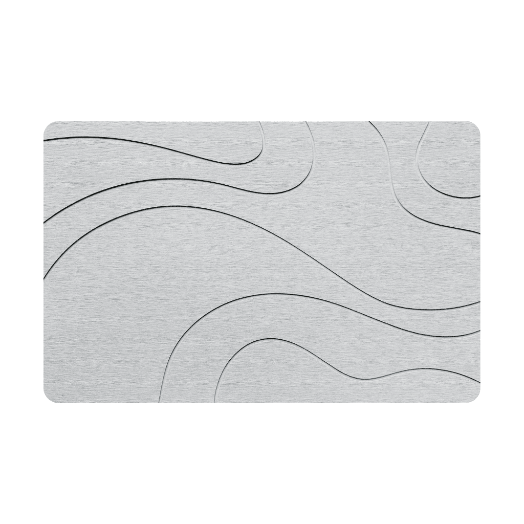 Light Grey diatomite bath mat with a line-patterned engraving on white background