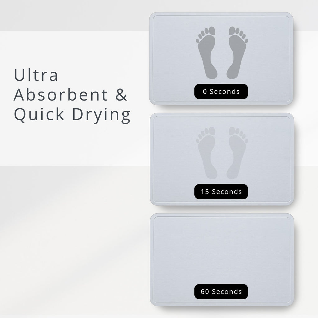 Three rectangular diatomite stone mats with footprints and drying time labels on a white background