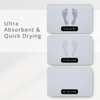 Three rectangular diatomite stone mats with footprints and drying time labels on a white background