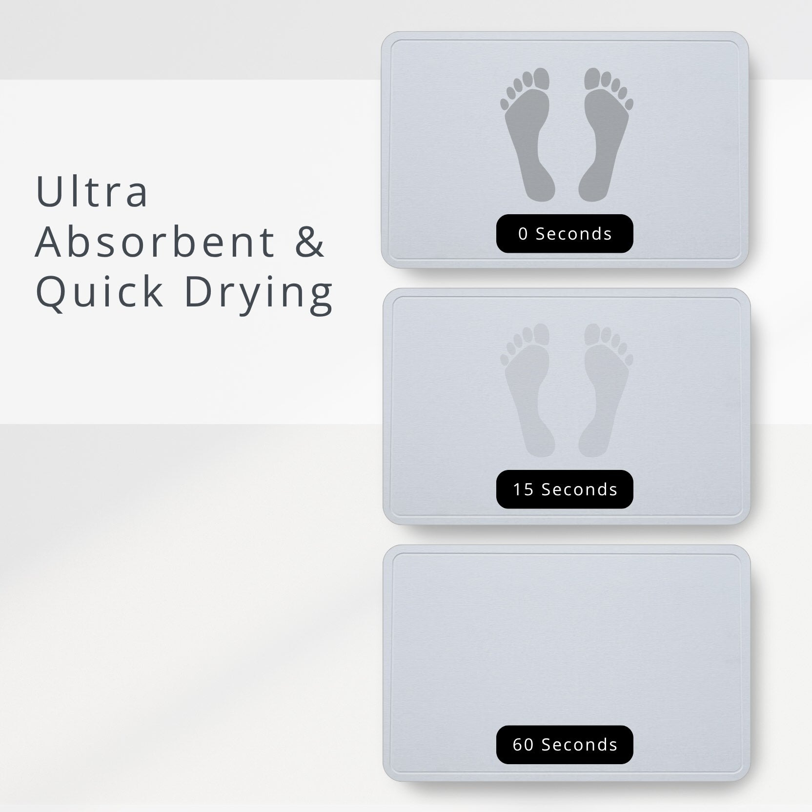 Three rectangular diatomite stone mats with footprints and drying time labels on a white background