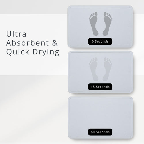 Three rectangular diatomite stone mats with footprints and drying time labels on a white background