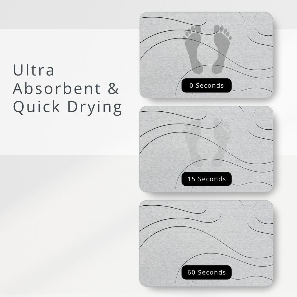 Three gray diatomite stone mats with footprints and drying time labels on a white background