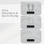 Three gray diatomite stone mats with footprints and drying time labels on a white background