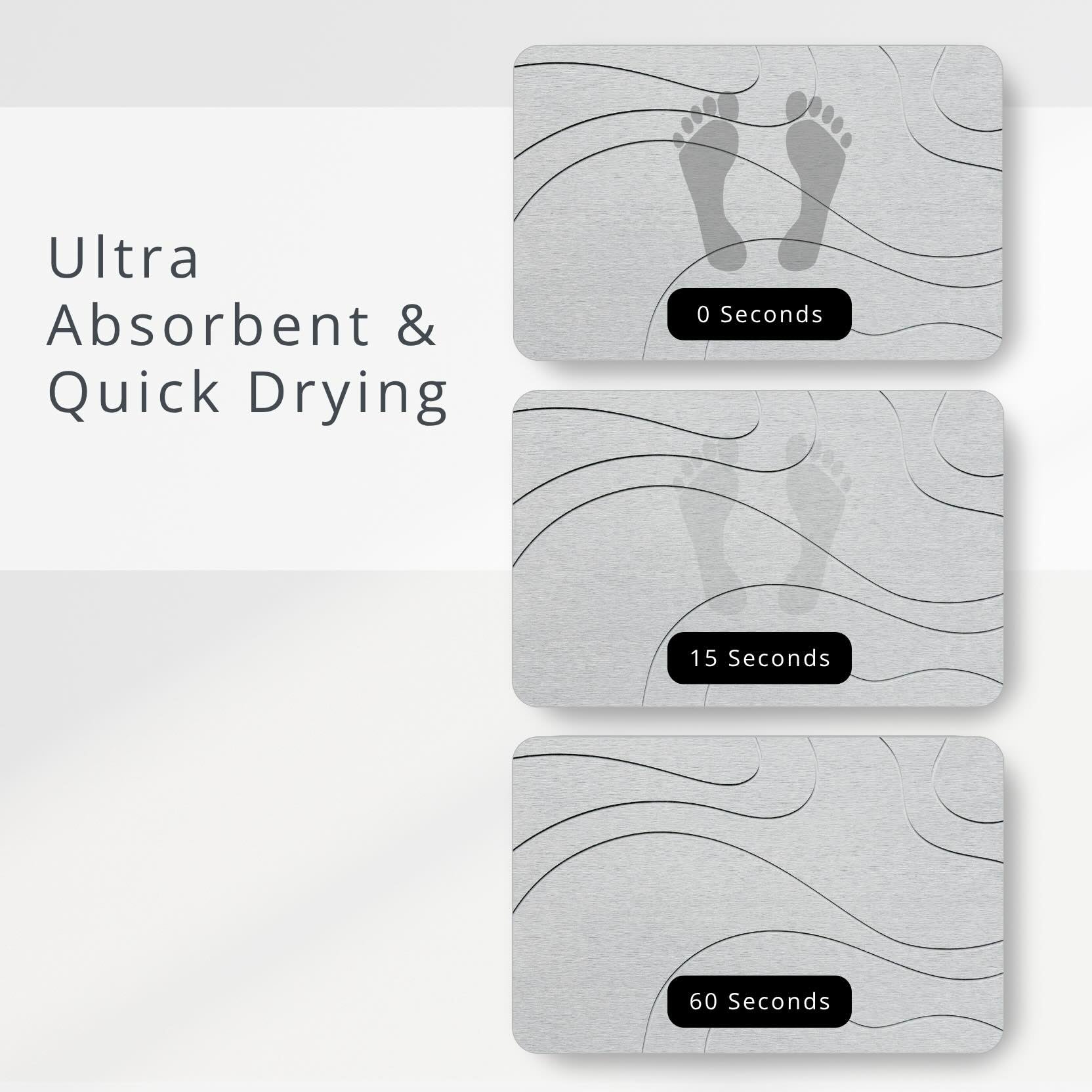 Three gray diatomite stone mats with footprints and drying time labels on a white background