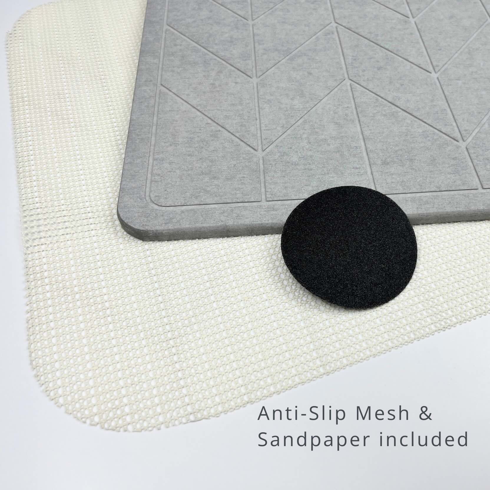 Grey textured diatomite stone mat on an anti-slip mesh, and sandpaper with text 'Anti-Slip Mesh & Sandpaper included'.