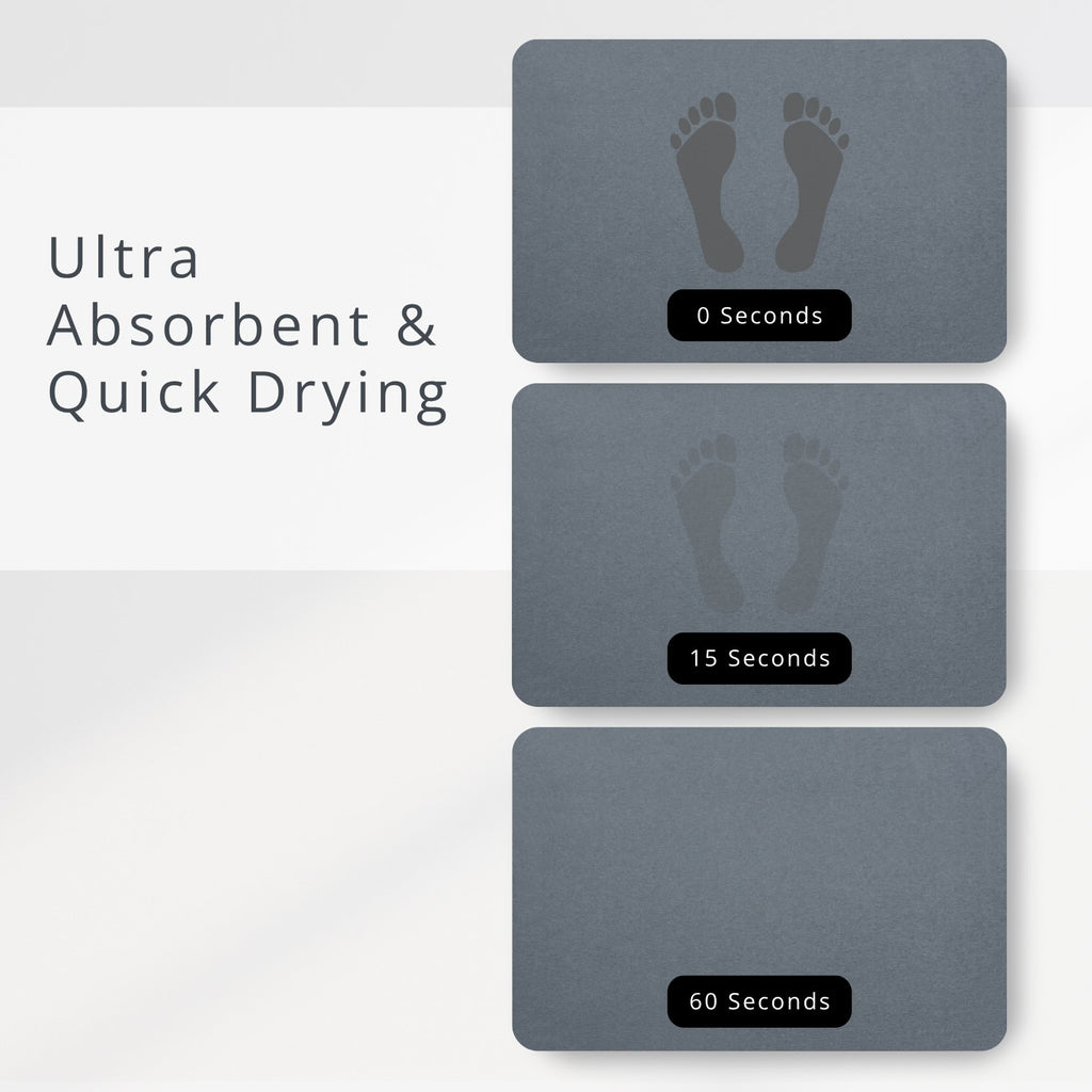 Three gray diatomite stone mats with footprints and drying time labels on a white background