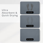 Three gray diatomite stone mats with footprints and drying time labels on a white background