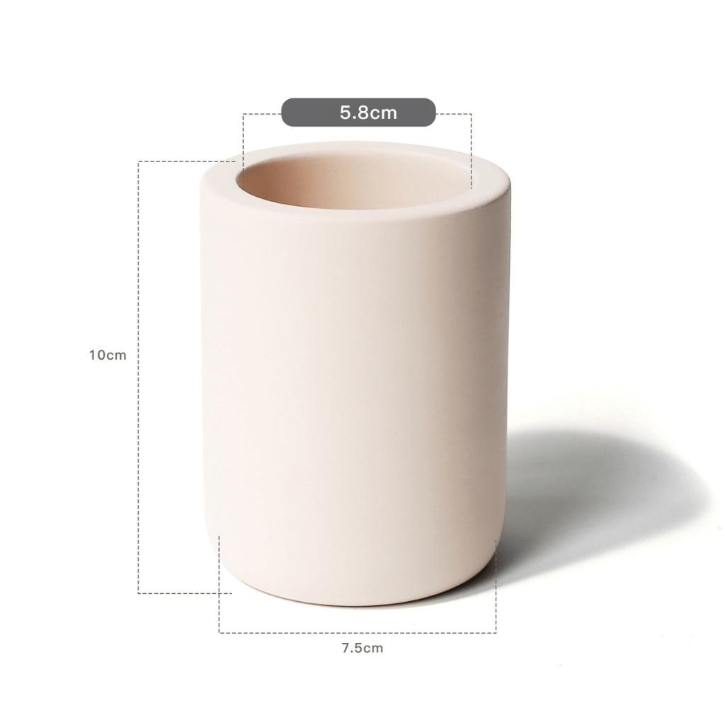 Beige diatomite tooth brush cup  with dimensions indicated on a white background