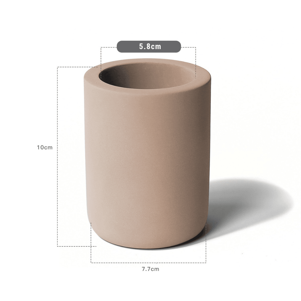 Brown diatomite tooth brush cup  with dimensions indicated on a white background