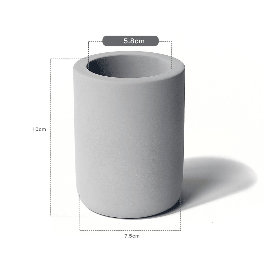 Grey diatomite tooth brush cup  with dimensions indicated on a white background