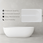 Light Grey diatomite bath mat with an arc-shaped engraving in a minimalist bathroom setting with text 'Premium Quality, Enhanced Comfort, Easy Maintenance, Eco Friendly'