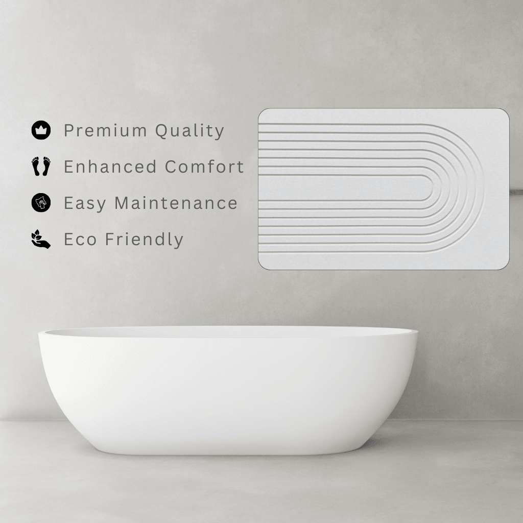 Light Grey diatomite bath mat with an arc-shaped engraving in a minimalist bathroom setting with text 'Premium Quality, Enhanced Comfort, Easy Maintenance, Eco Friendly'