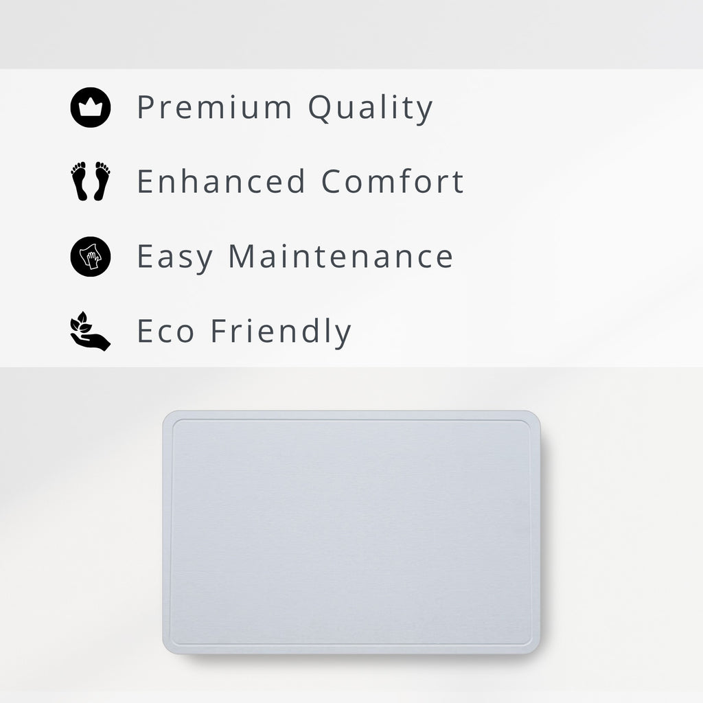 Light Grey diatomite stone mat with sustainability features listed above it on a white background