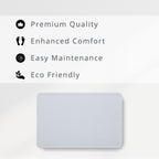 Light Grey diatomite stone mat with sustainability features listed above it on a white background
