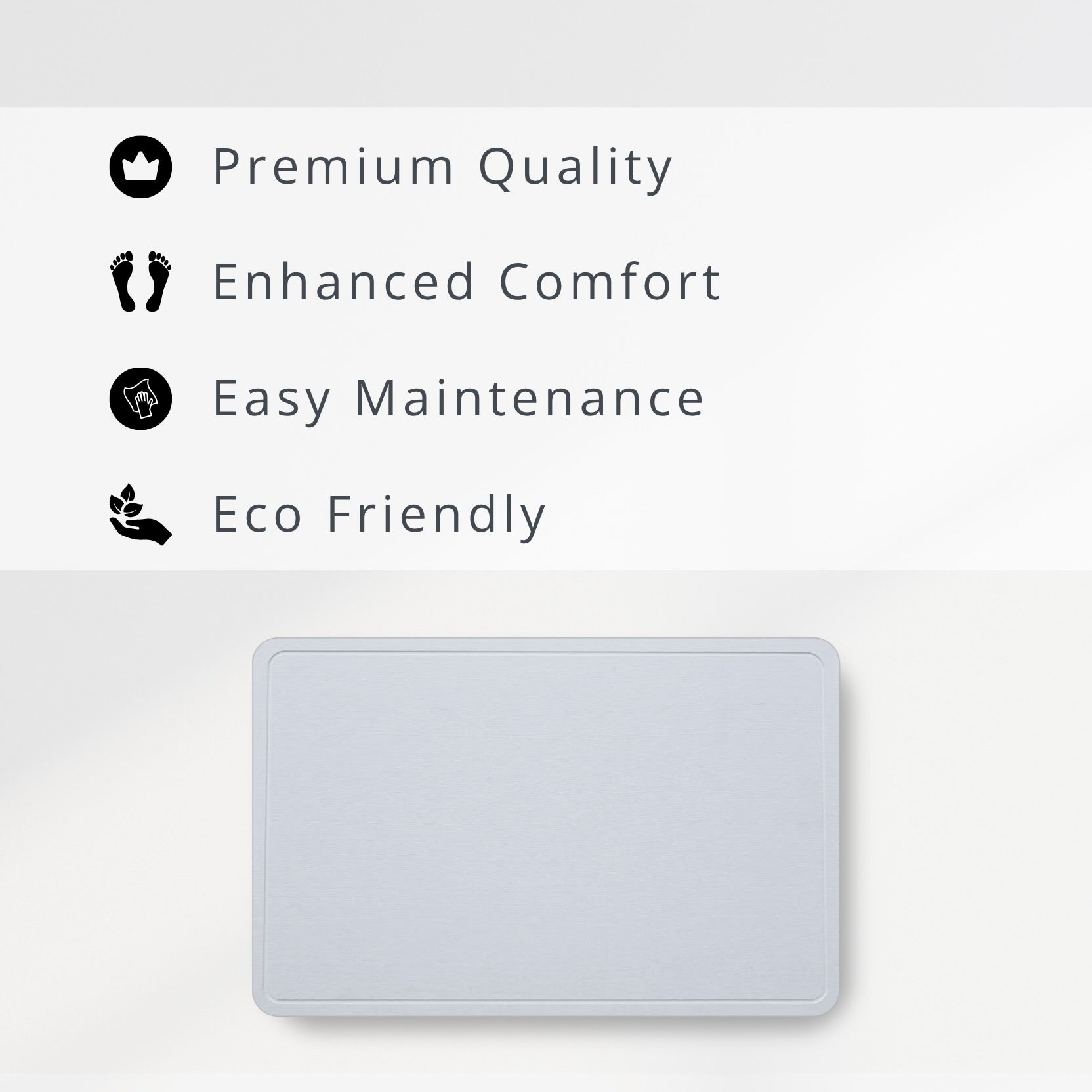 Light Grey diatomite stone mat with sustainability features listed above it on a white background