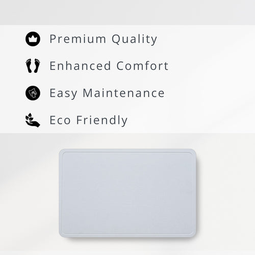 Light Grey diatomite stone mat with sustainability features listed above it on a white background