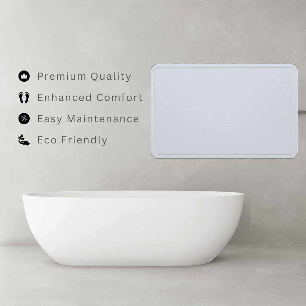Light Grey diatomite bath mat with a frame-shape engraving in a minimalist bathroom setting with text 'Premium Quality, Enhanced Comfort, Easy Maintenance, Eco Friendly'
