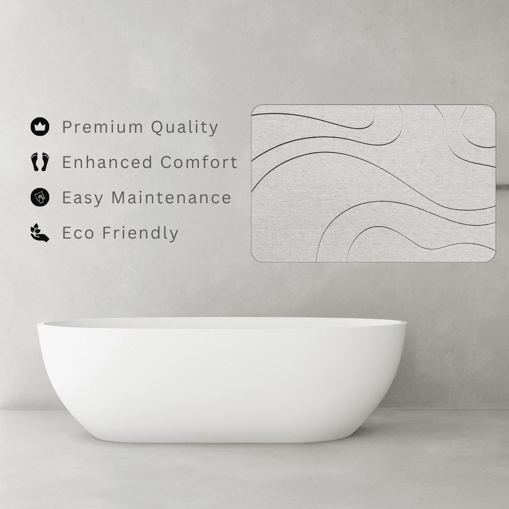 Light Grey diatomite bath mat with a line-patterned engraving in a minimalist bathroom setting with text 'Premium Quality, Enhanced Comfort, Easy Maintenance, Eco Friendly'