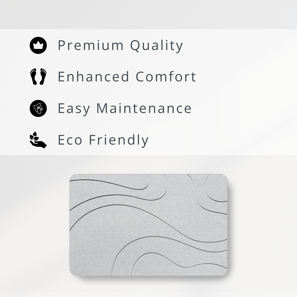 Gray textured stone mat with wavy pattern on a white background, featuring text about product attributes.