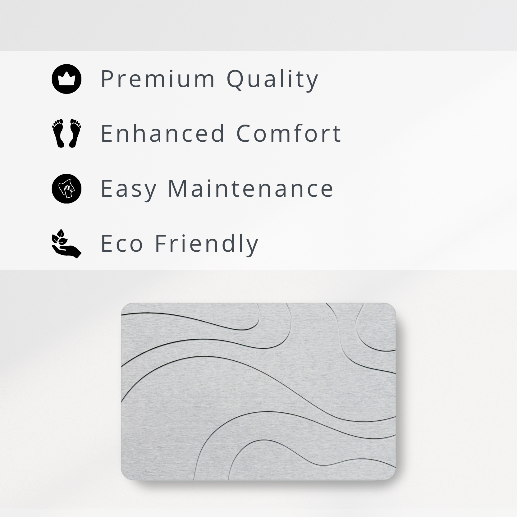 Gray textured stone mat with wavy pattern on a white background, featuring text about product attributes.