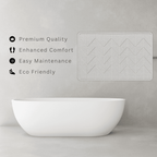 Light Grey diatomite bath mat with a tile-patterned engraving in a minimalist bathroom setting with text 'Premium Quality, Enhanced Comfort, Easy Maintenance, Eco Friendly'