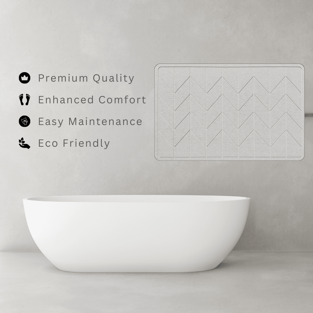 Light Grey diatomite bath mat with a tile-patterned engraving in a minimalist bathroom setting with text 'Premium Quality, Enhanced Comfort, Easy Maintenance, Eco Friendly'