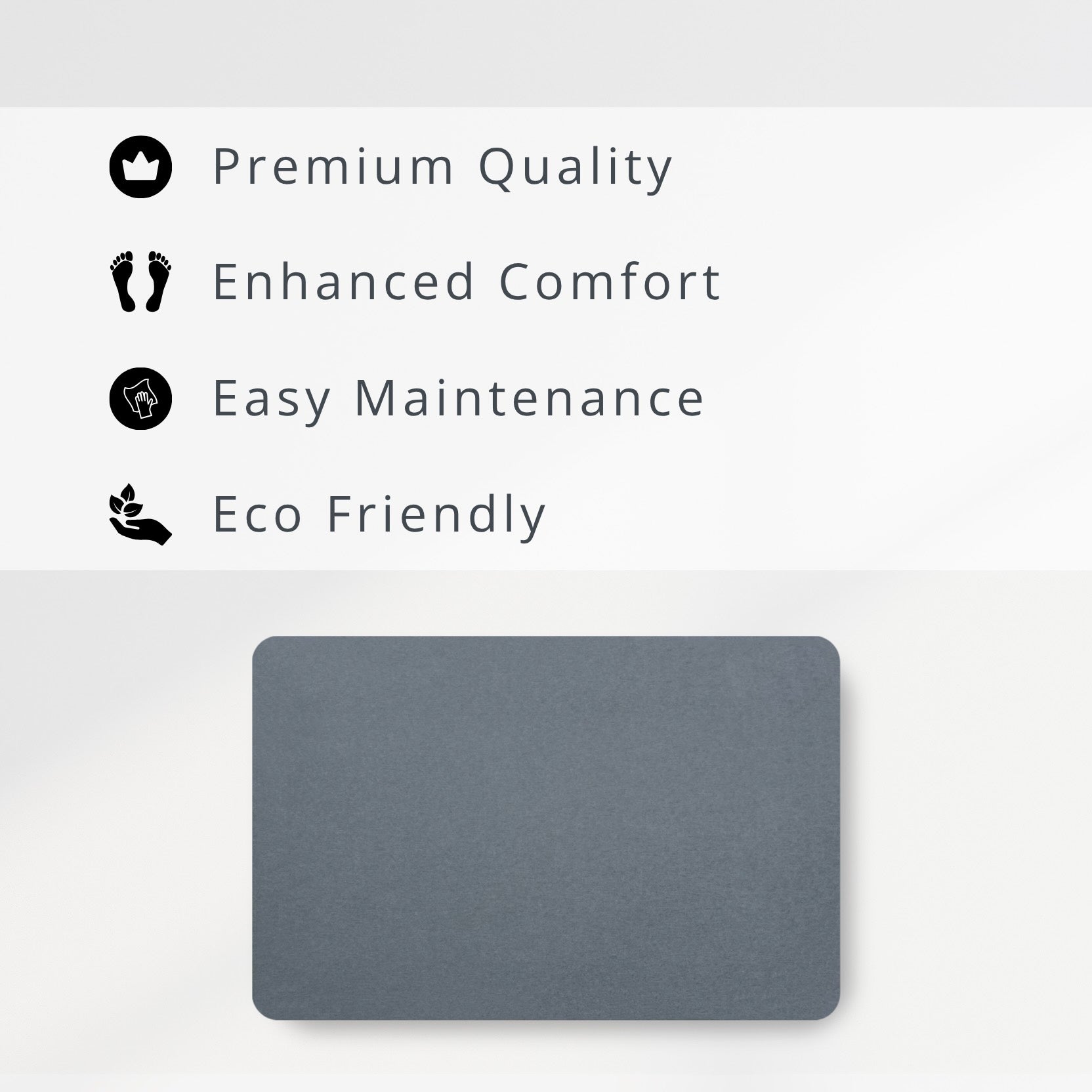 Dark Grey diatomite stone mat with text 'Premium Quality, Enhanced Comfort, Easy Maintenance, Eco Friendly'