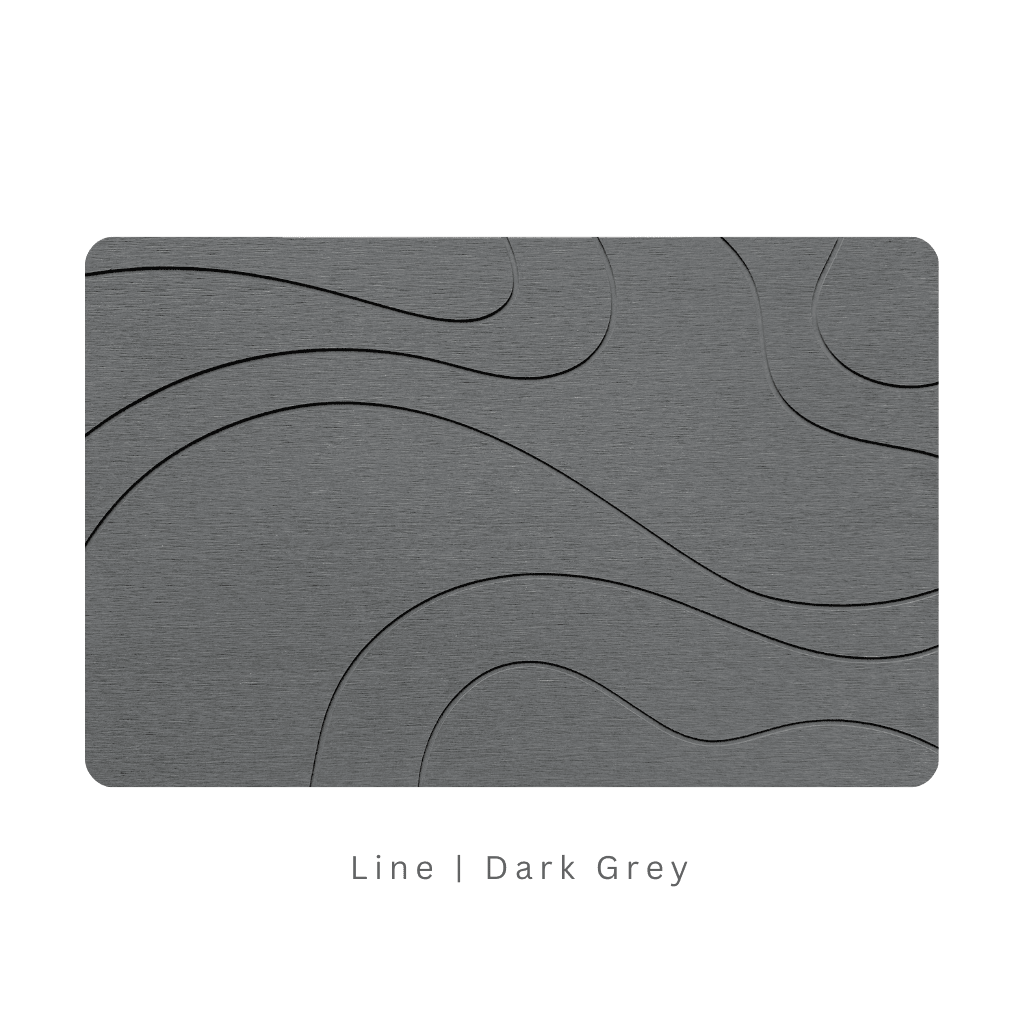 Dark Grey diatomite bath mat with a line-patterned engraving on White background with text 'Line Dark Grey'