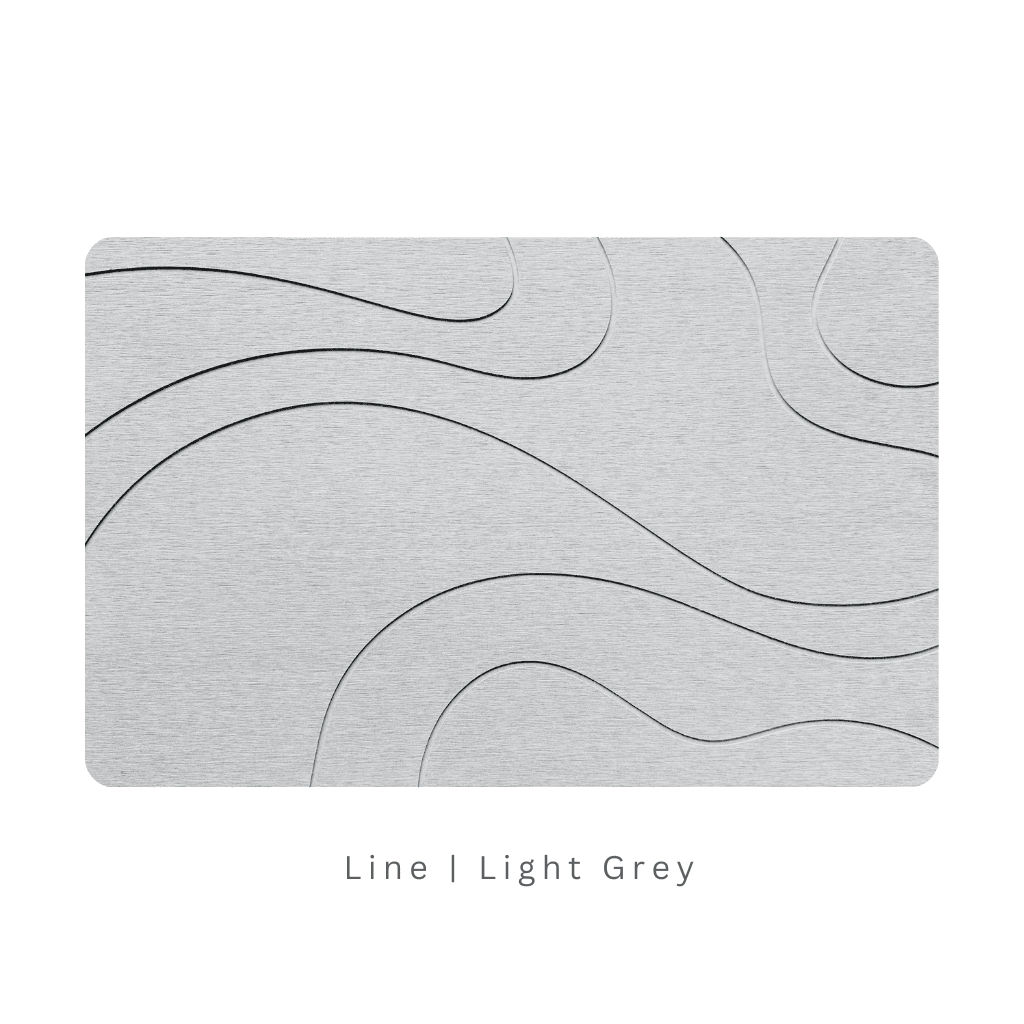 Light Grey diatomite bath mat with a line-patterned engraving on white background with text 'Line Light Grey'